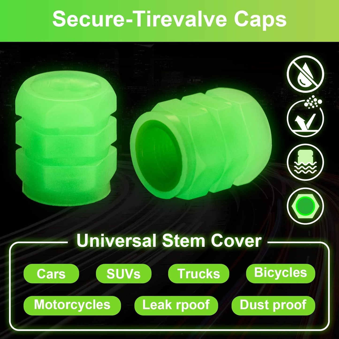 20-Pack Neon Green Glow Tire Valve Caps – No Battery Needed